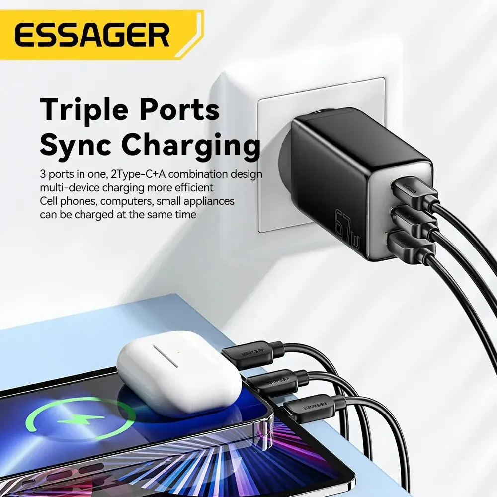 Chargeur GaN 67 W USB-C Essager pour ordinateur portable 45 W, 25 W, PD et QC 3.0, charge rapide compatible MacBook, Xiaomi, Samsung et iPhone 14/13 4