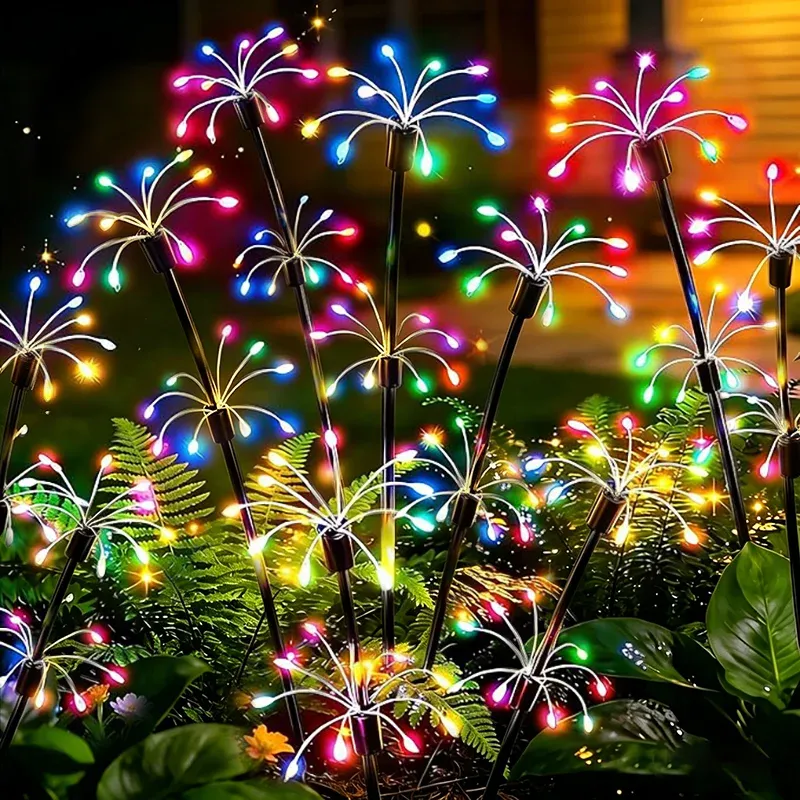 Lampe solaire de patio en forme de feux d'artifice, décoration florale imperméable pour l'extérieur, éclairage d'ambiance pour jardin, paysage et cour 2