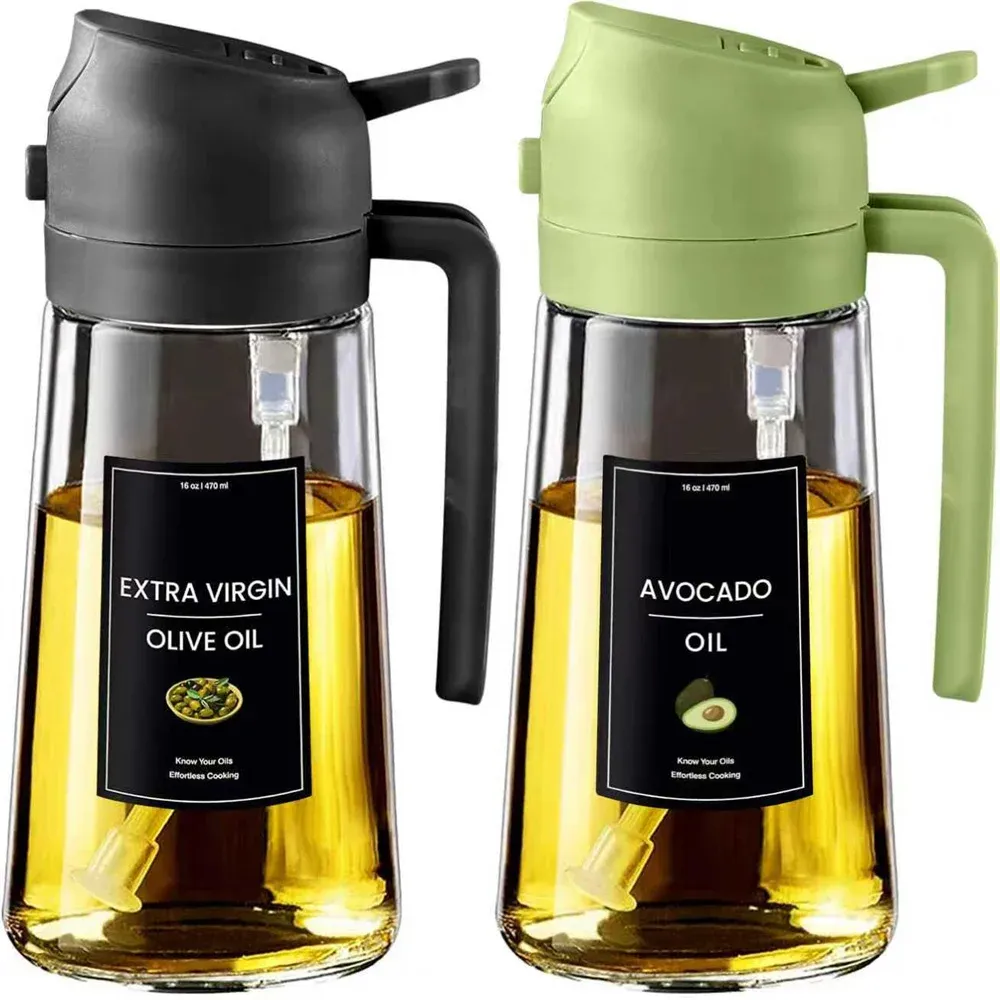 Pulvérisateur et distributeur d'huile de cuisson 2 en 1 en verre Premium, 470 ml (16 oz), avec étiquettes autocollantes, qualité alimentaire - Image 1
