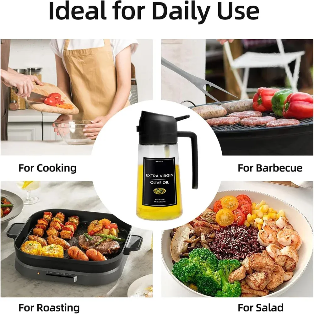 Pulvérisateur et distributeur d'huile de cuisson 2 en 1 en verre Premium, 470 ml (16 oz), avec étiquettes autocollantes, qualité alimentaire 6