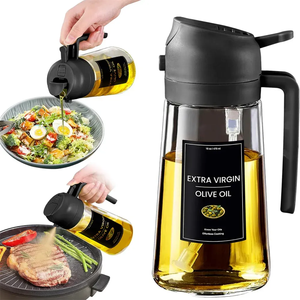 Pulvérisateur et distributeur d'huile de cuisson 2 en 1 en verre Premium, 470 ml (16 oz), avec étiquettes autocollantes, qualité alimentaire 9