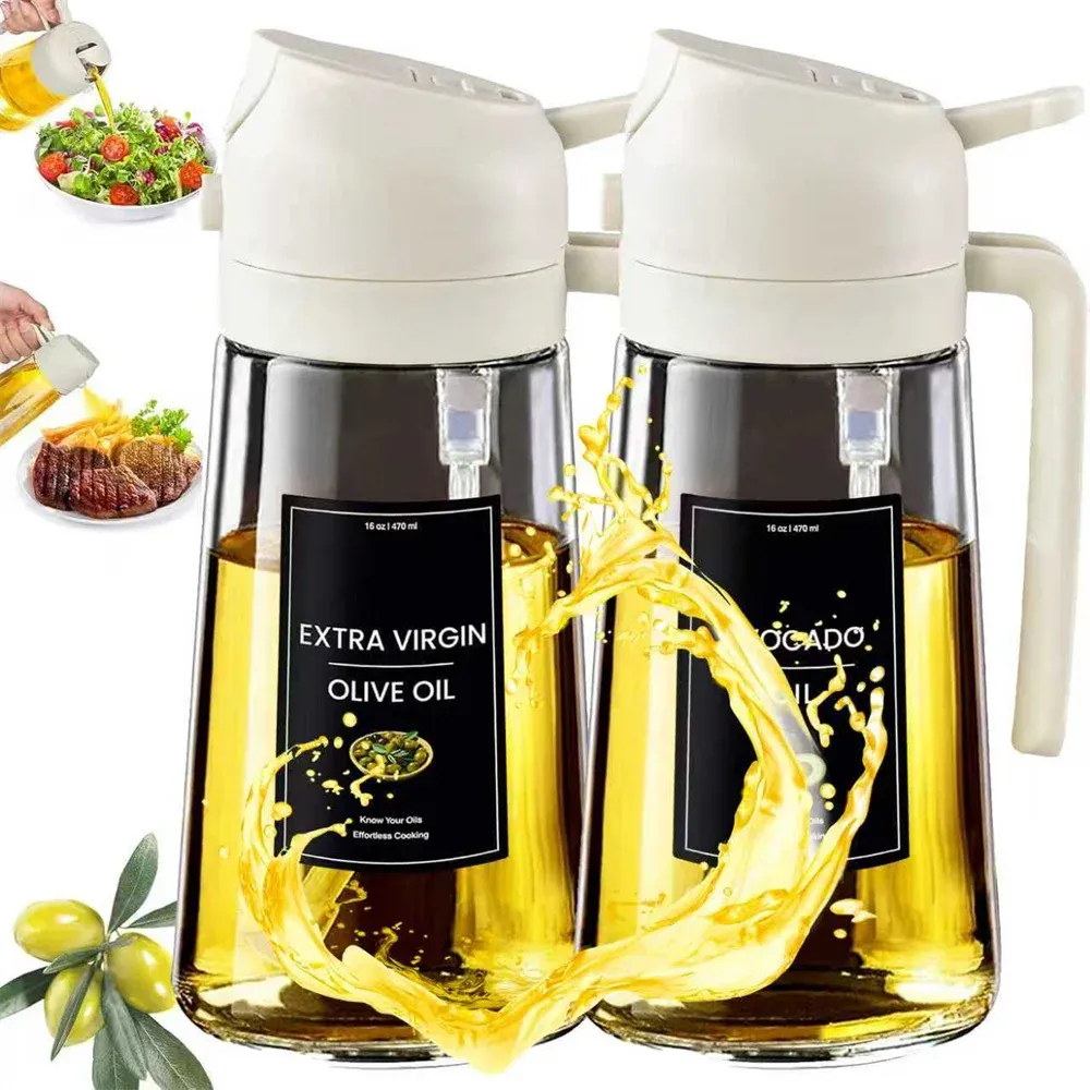 Pulvérisateur et distributeur d'huile de cuisson 2 en 1 en verre Premium, 470 ml (16 oz), avec étiquettes autocollantes, qualité alimentaire 10