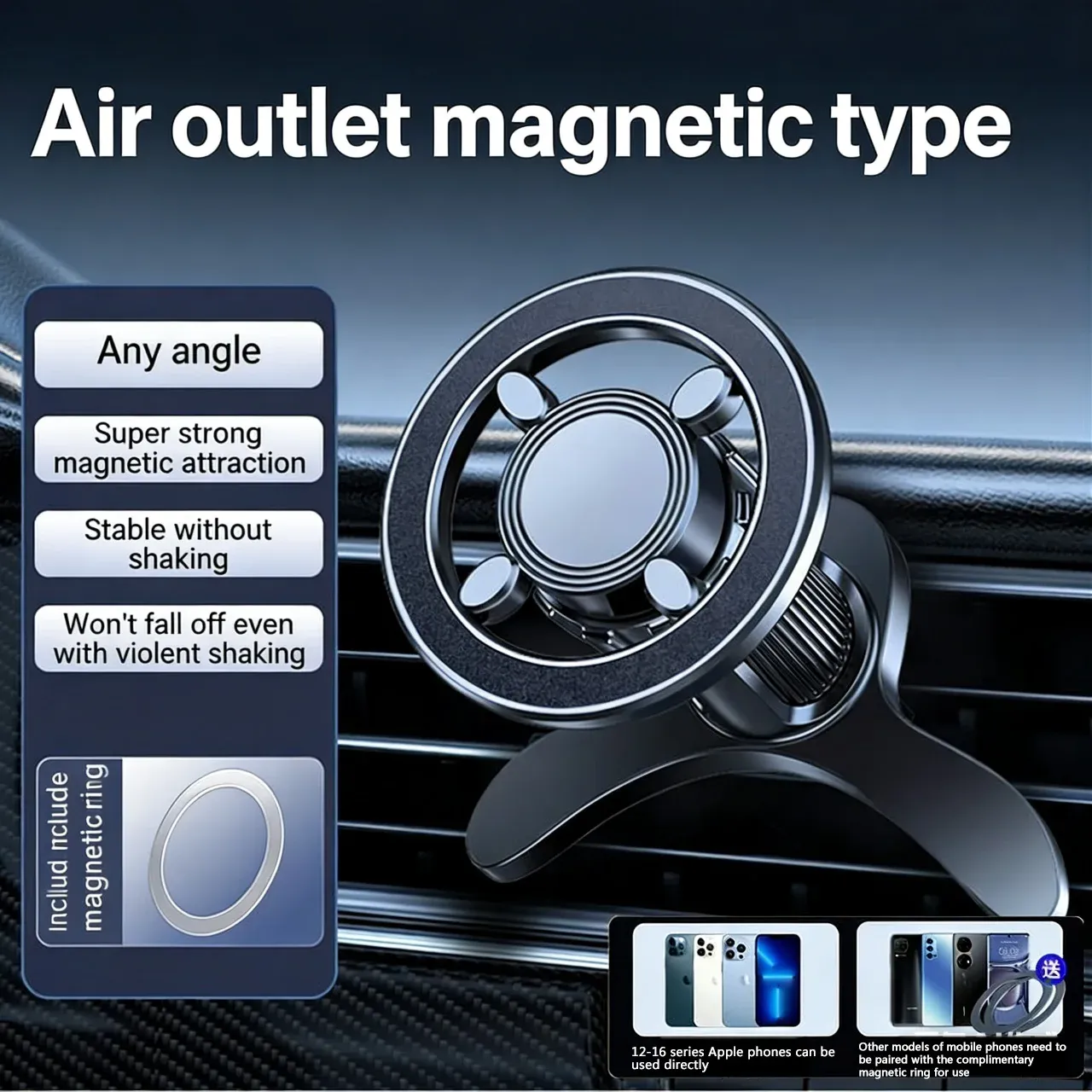 Support de voiture MagSafe à 17 aimants N52, support de téléphone pour grille d'aération, rotatif à 360°, compatible avec les séries iPhone 16 à 12 et tous les téléphones, avec anneau magnétique