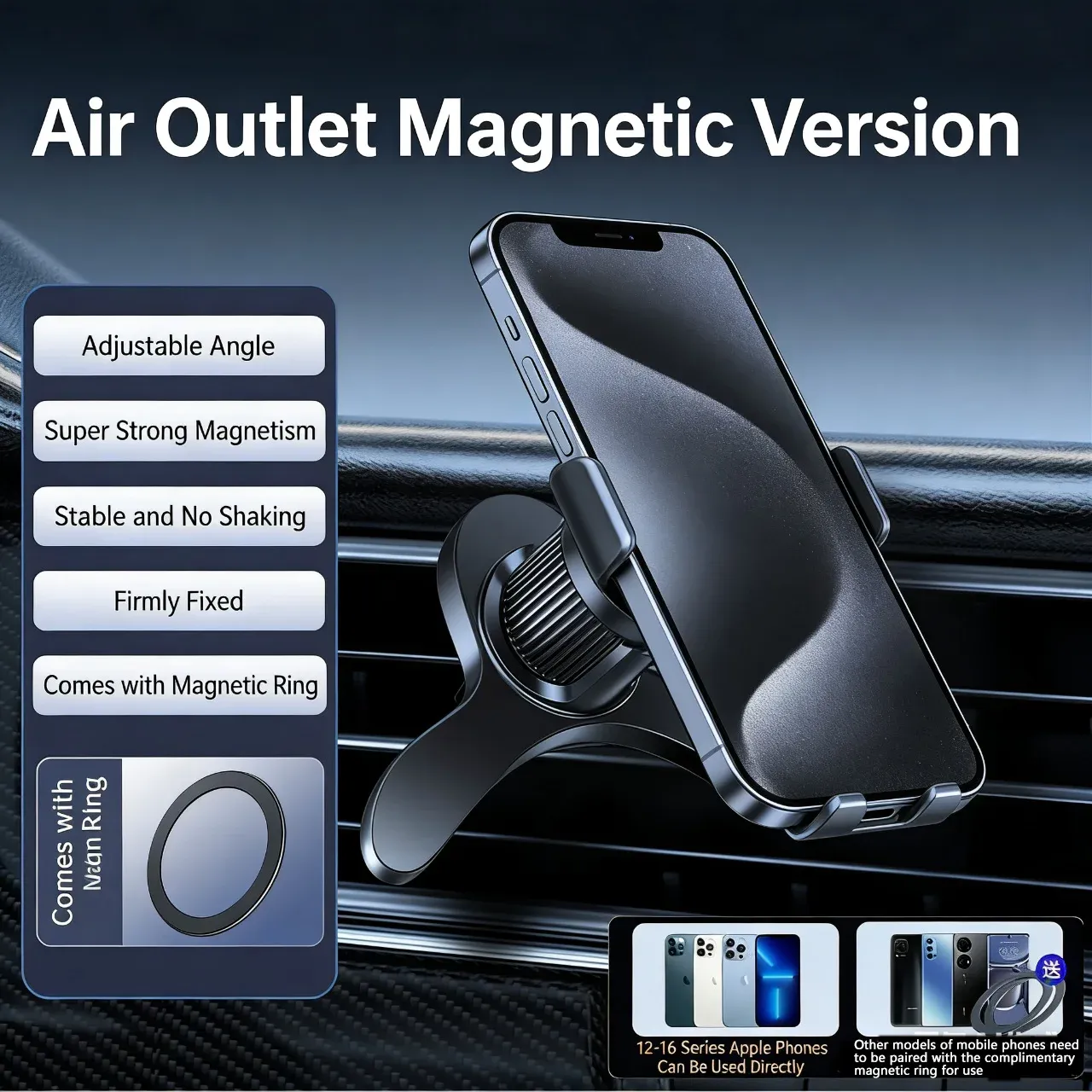 Support de voiture MagSafe à 17 aimants N52, support de téléphone pour grille d'aération, rotatif à 360°, compatible avec les séries iPhone 16 à 12 et tous les téléphones, avec anneau magnétique 2