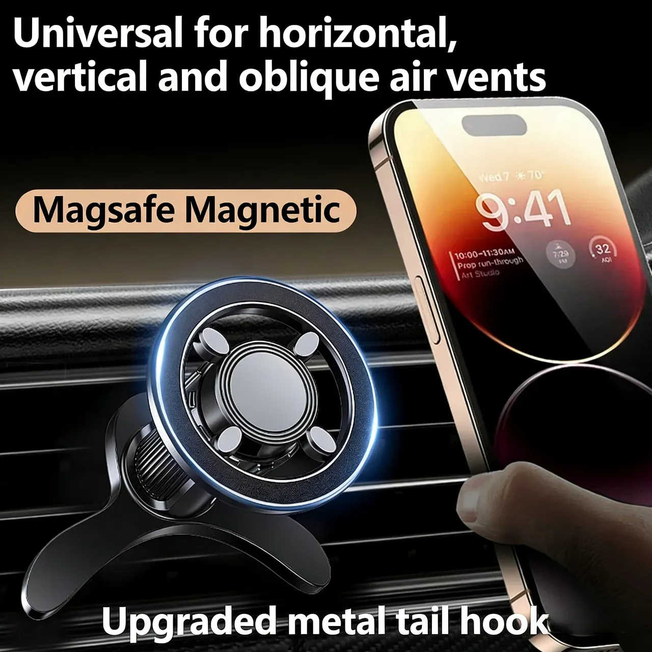 Support de voiture MagSafe à 17 aimants N52, support de téléphone pour grille d'aération, rotatif à 360°, compatible avec les séries iPhone 16 à 12 et tous les téléphones, avec anneau magnétique 4