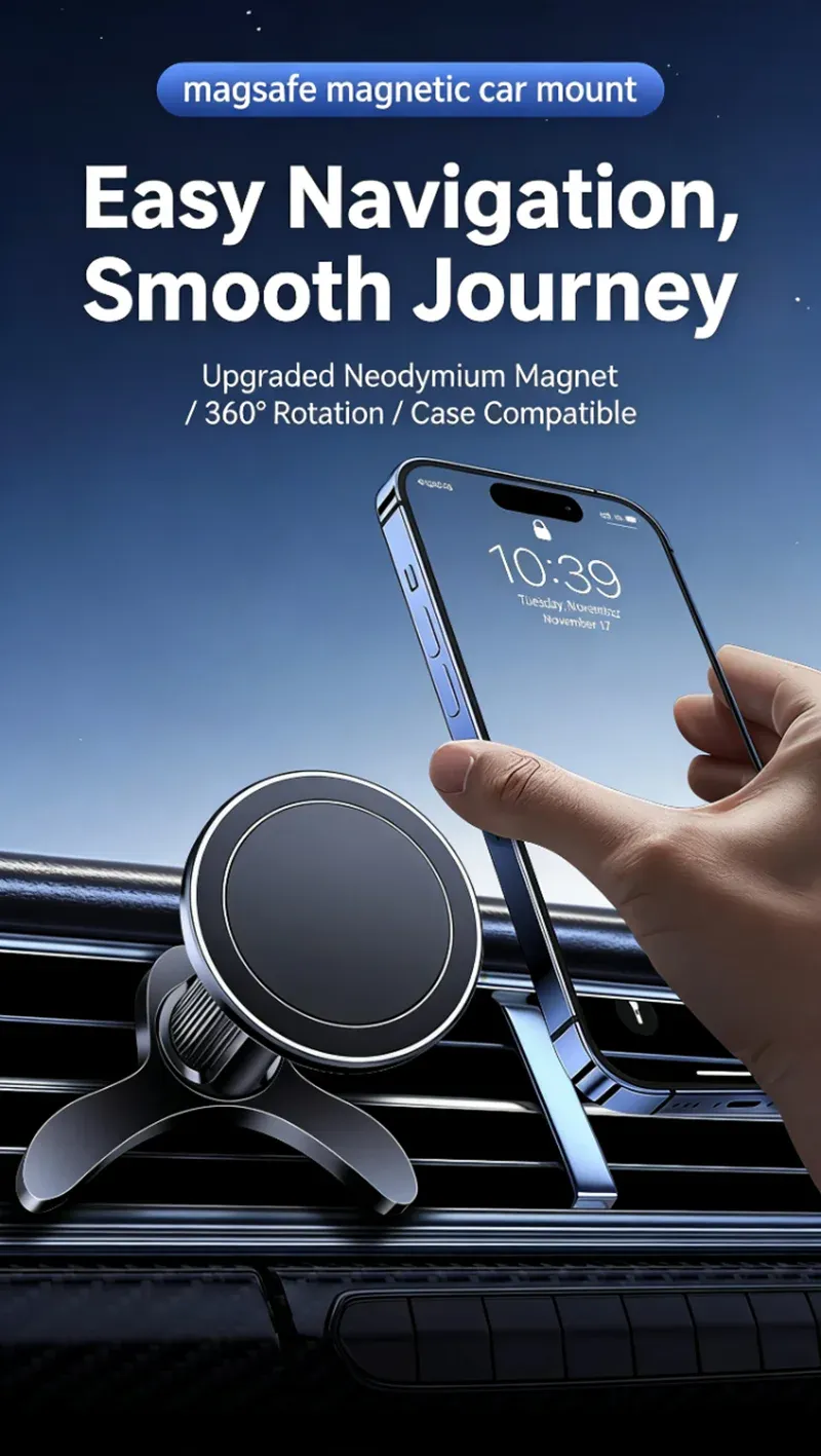 Support magnétique MagSafe pour voiture, installation sur la grille d'aération