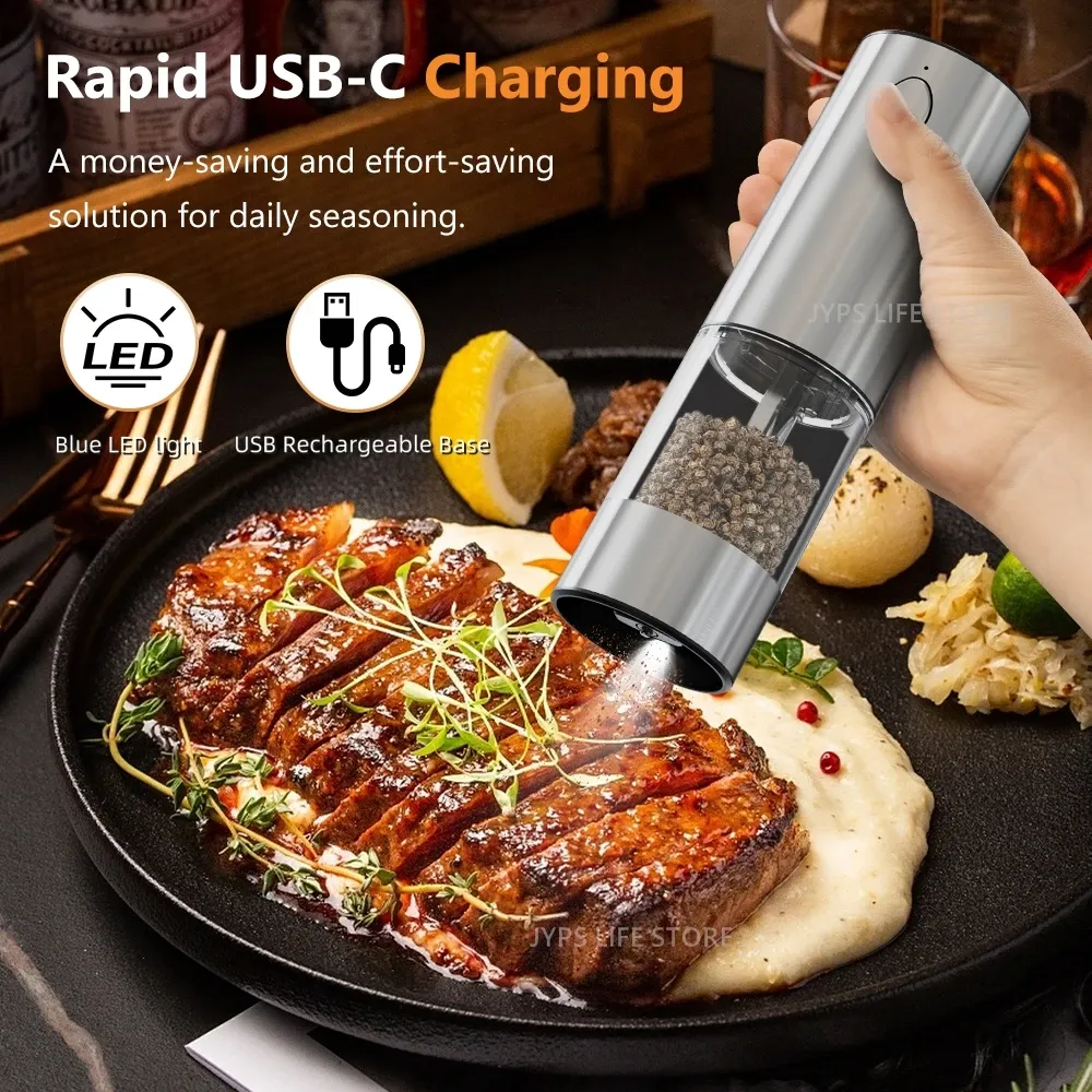Moulin électrique en acier inoxydable, rechargeable par USB, mouture réglable, pour poivre et sel 2