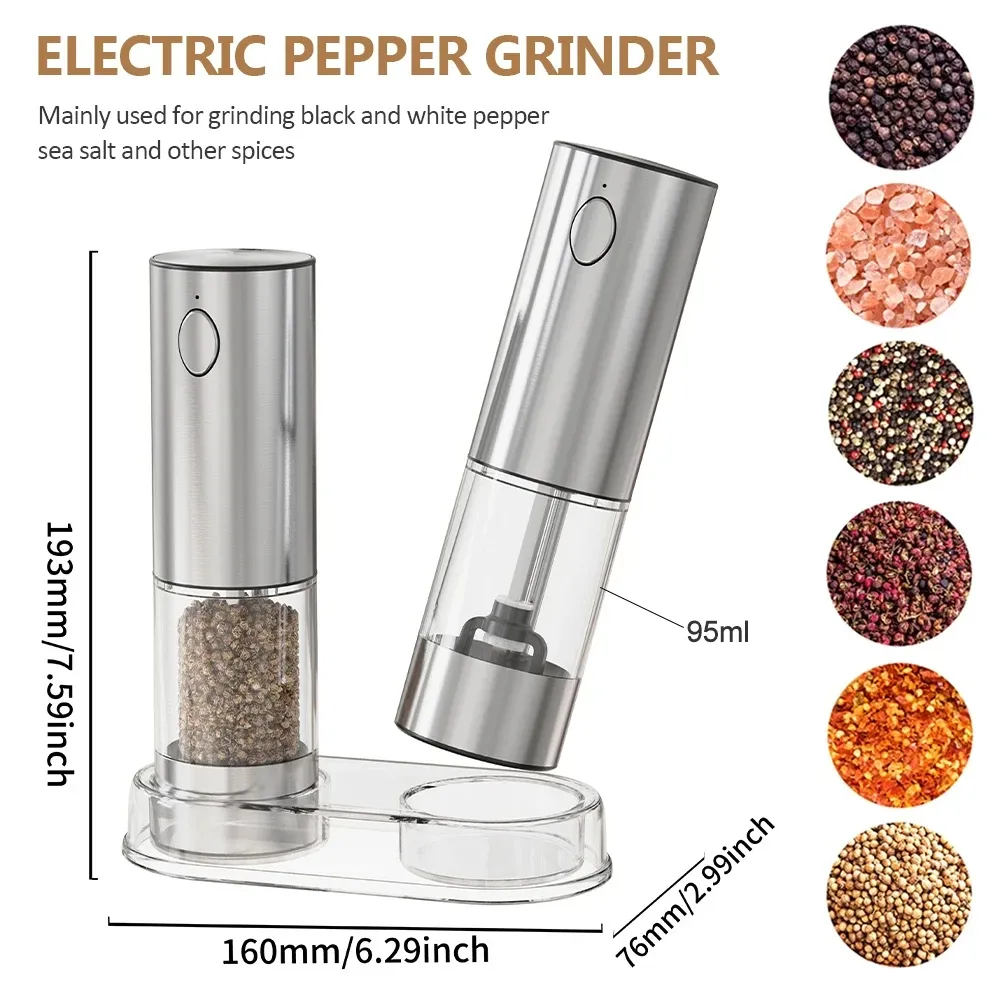 Moulin électrique en acier inoxydable, rechargeable par USB, mouture réglable, pour poivre et sel 5