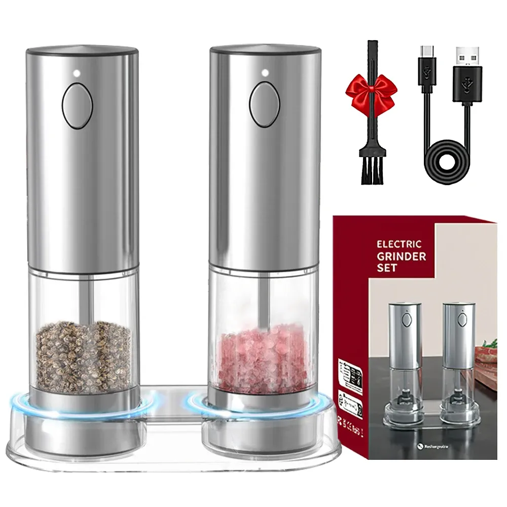 Moulin électrique en acier inoxydable, rechargeable par USB, mouture réglable, pour poivre et sel 7