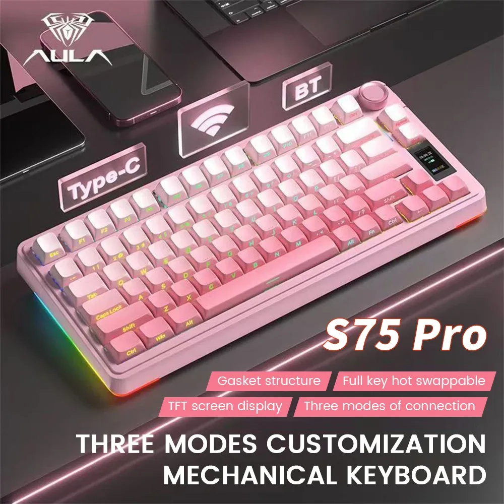 Clavier mécanique sans fil AULA S75 Pro, format 75 %, switches échangeables à chaud, rétroéclairage RVB, batterie 4000 mAh, touches PBT, écran LED 3