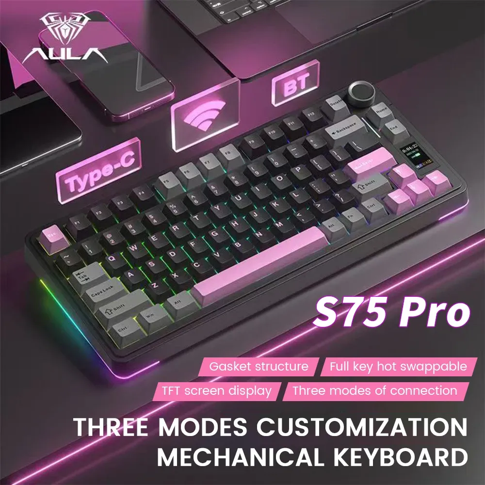Clavier mécanique sans fil AULA S75 Pro, format 75 %, switches échangeables à chaud, rétroéclairage RVB, batterie 4000 mAh, touches PBT, écran LED 2