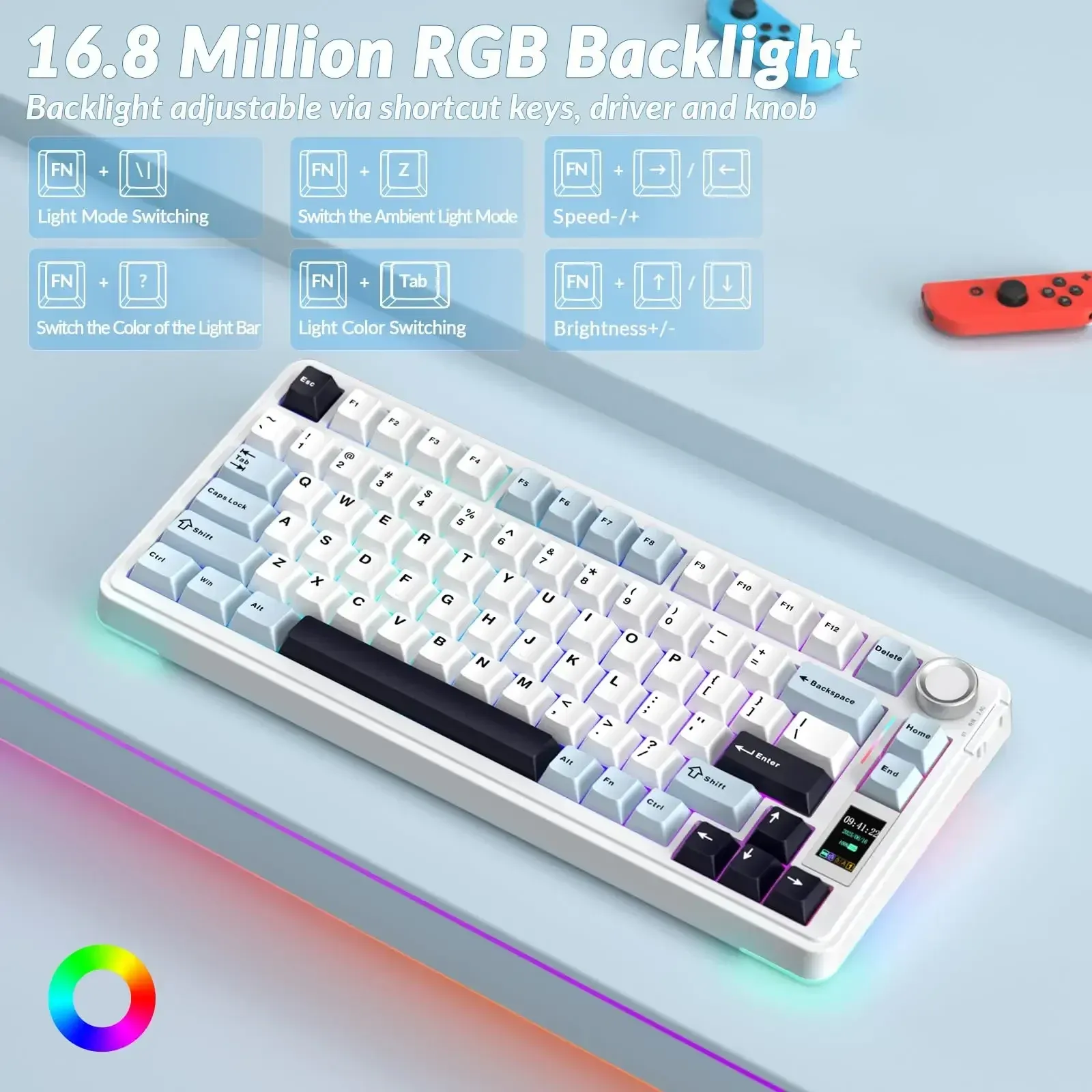 Clavier mécanique sans fil AULA S75 Pro, format 75 %, switches échangeables à chaud, rétroéclairage RVB, batterie 4000 mAh, touches PBT, écran LED 4