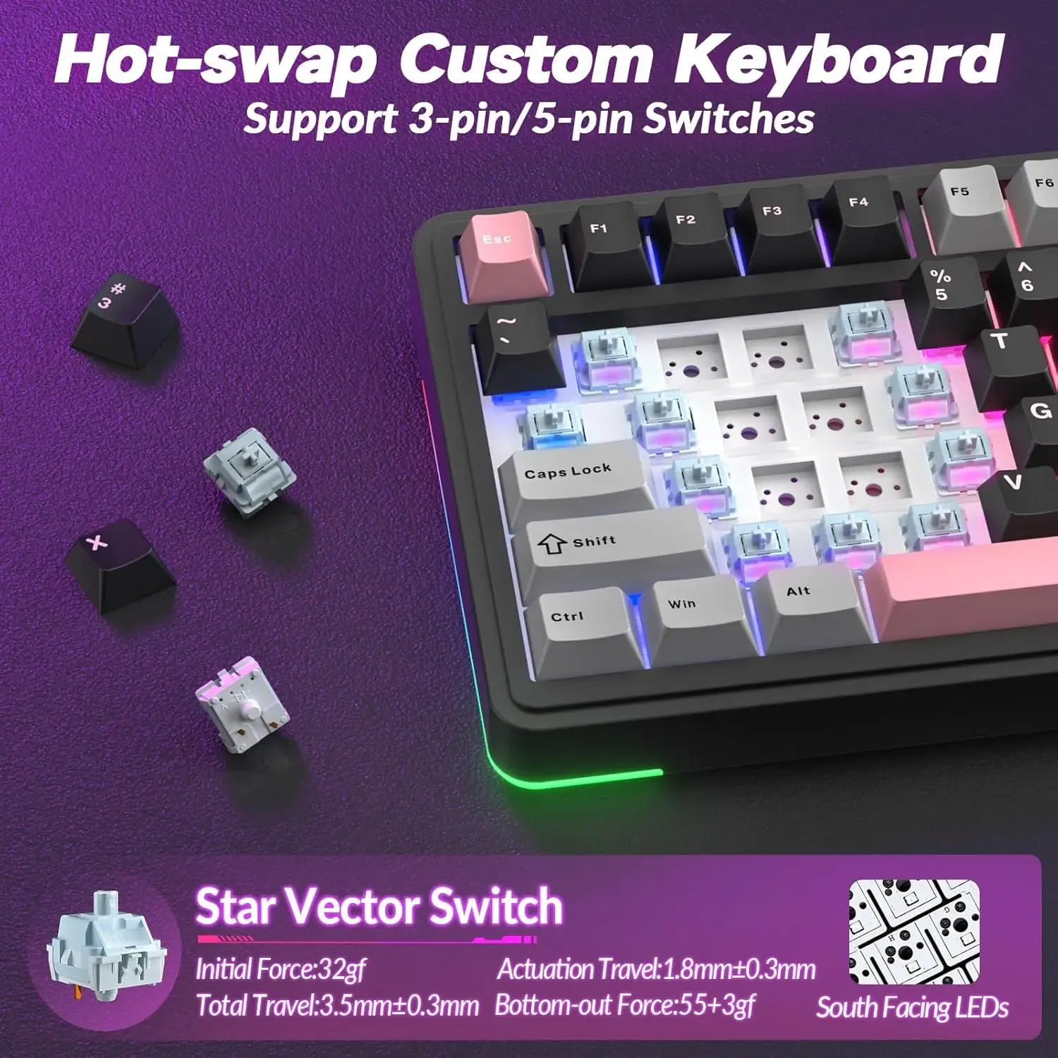 Clavier mécanique sans fil AULA S75 Pro, format 75 %, switches échangeables à chaud, rétroéclairage RVB, batterie 4000 mAh, touches PBT, écran LED 5