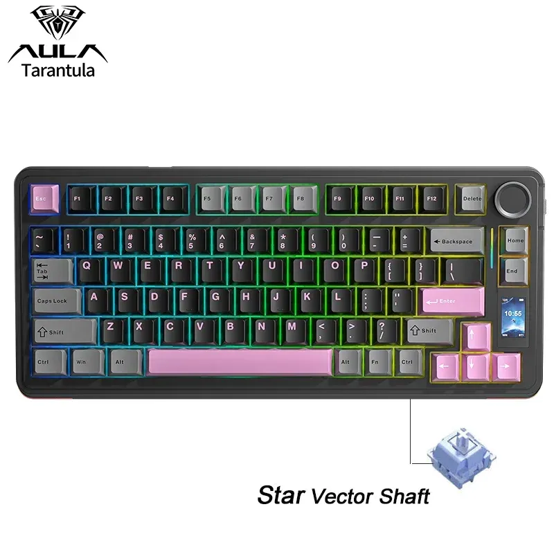 Clavier mécanique sans fil AULA S75 Pro, format 75 %, switches échangeables à chaud, rétroéclairage RVB, batterie 4000 mAh, touches PBT, écran LED 7