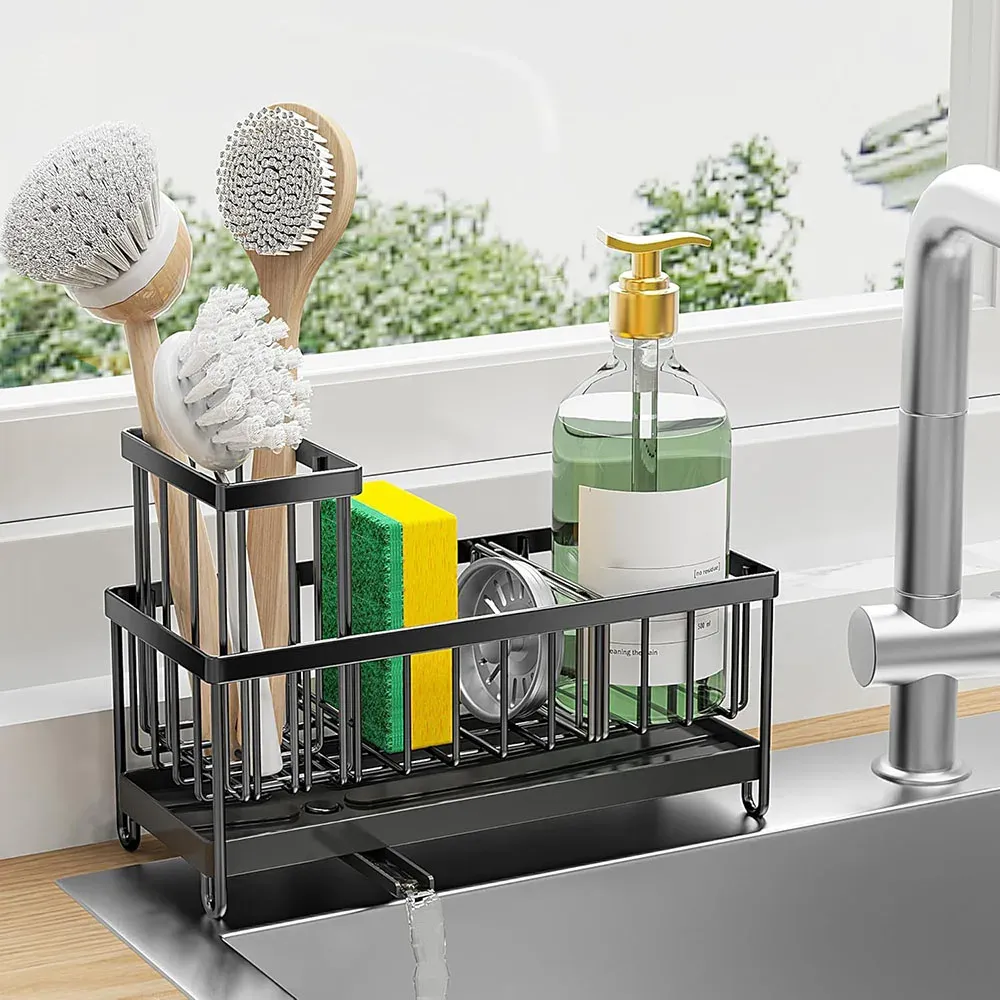 Organiseur d'évier de cuisine avec support pour éponge et porte-brosse haute - Image 1