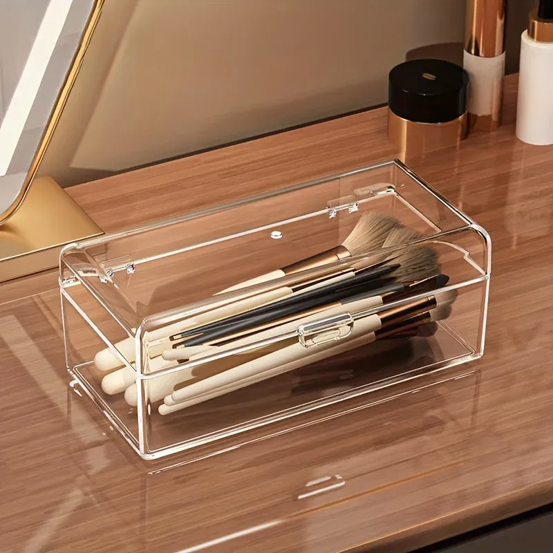 Organisateur cosmétique transparent avec couvercle, boîte de rangement durable pour maquillage, adaptée au rouge à lèvres, aux fards à paupières, aux pinceaux, étui de toilette portable 5