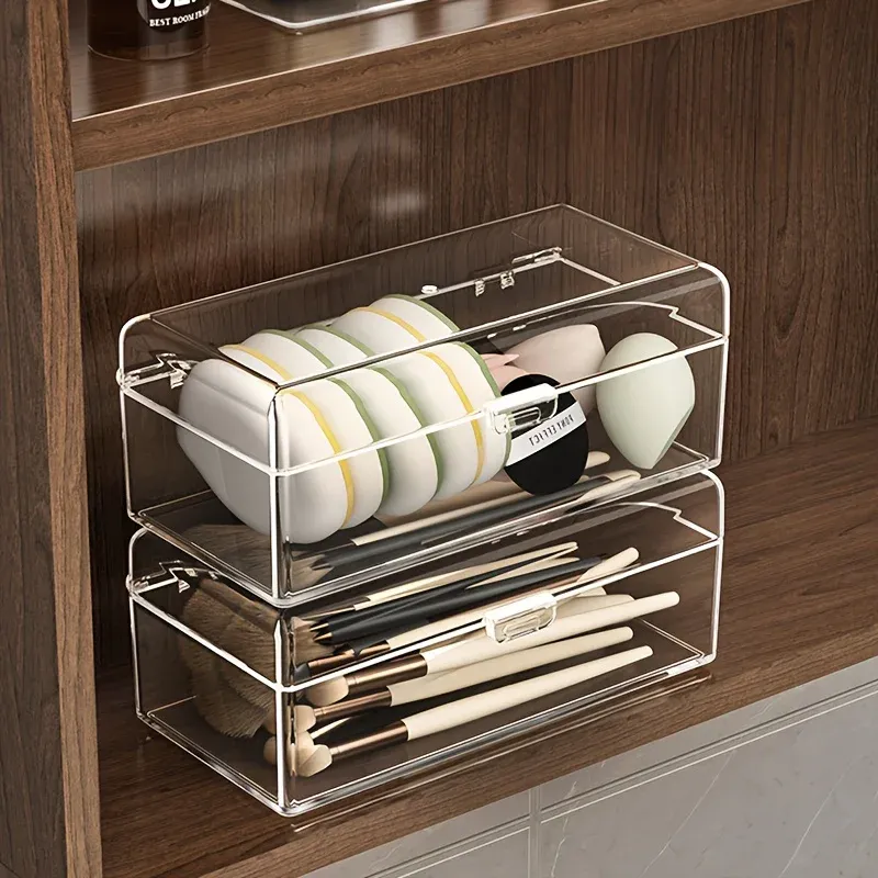 Organisateur cosmétique transparent avec couvercle, boîte de rangement durable pour maquillage, adaptée au rouge à lèvres, aux fards à paupières, aux pinceaux, étui de toilette portable 6