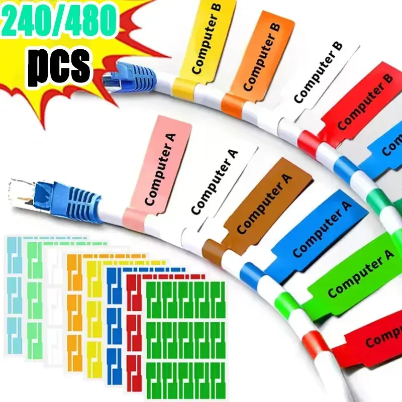 Étiquettes de câbles autocollantes colorées, 240/480 pièces, étiquettes de marquage de fils étanches, autocollantes pour imprimante laser, organisateur d'étiquettes pour câbles en fibre 2