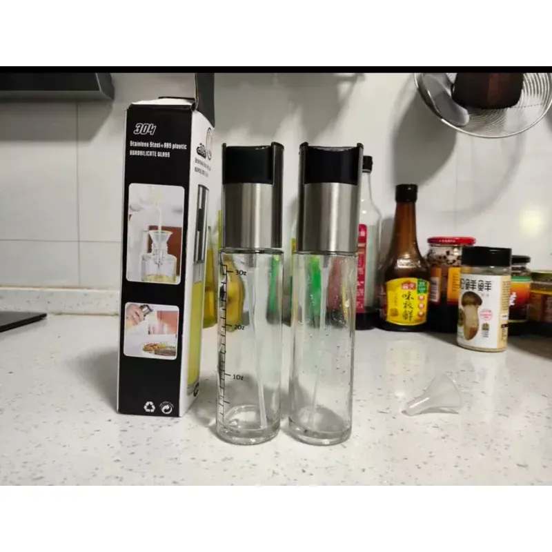 Pulvérisateur d'huile de cuisine en verre et acier inoxydable, 100 ml, pour huile d'olive et vinaigre, à gâchette 5