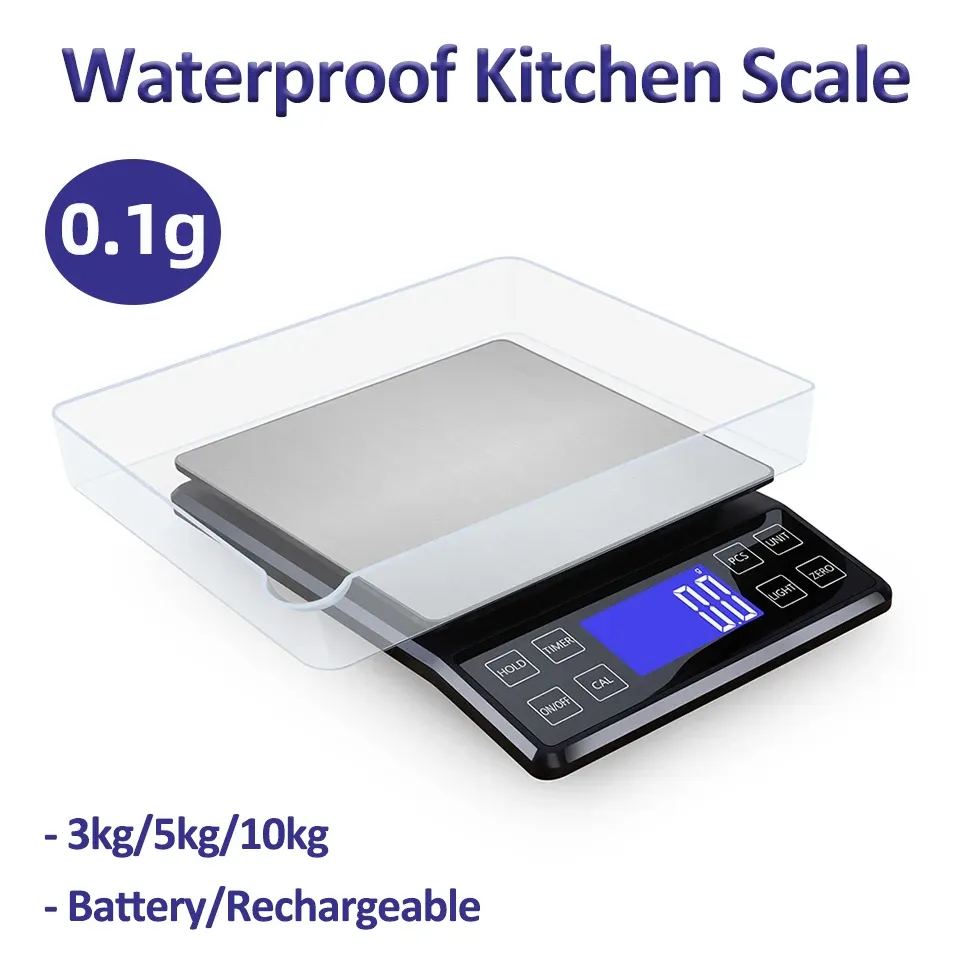 Balance de cuisine numérique étanche en acier inoxydable, haute précision, 0,1 g à 10 kg