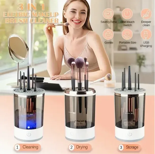 Nettoyeur automatique ultrasonique de pinceaux de maquillage avec boîte de rangement et séchage rapide - Image 1