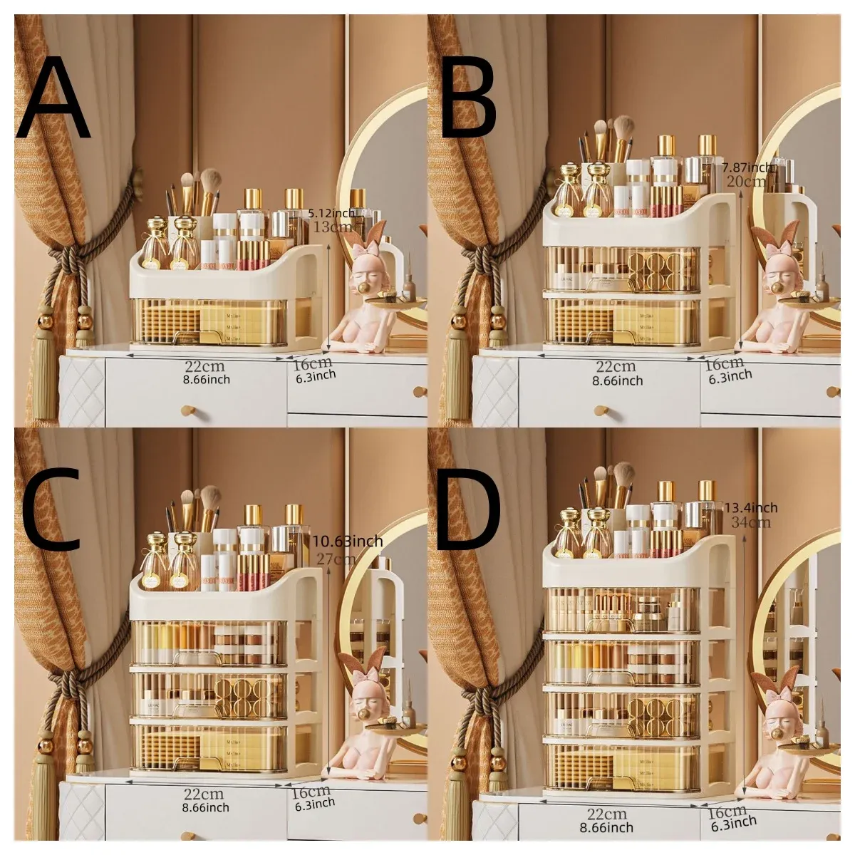 Boîte de rangement de maquillage multicouche en situation