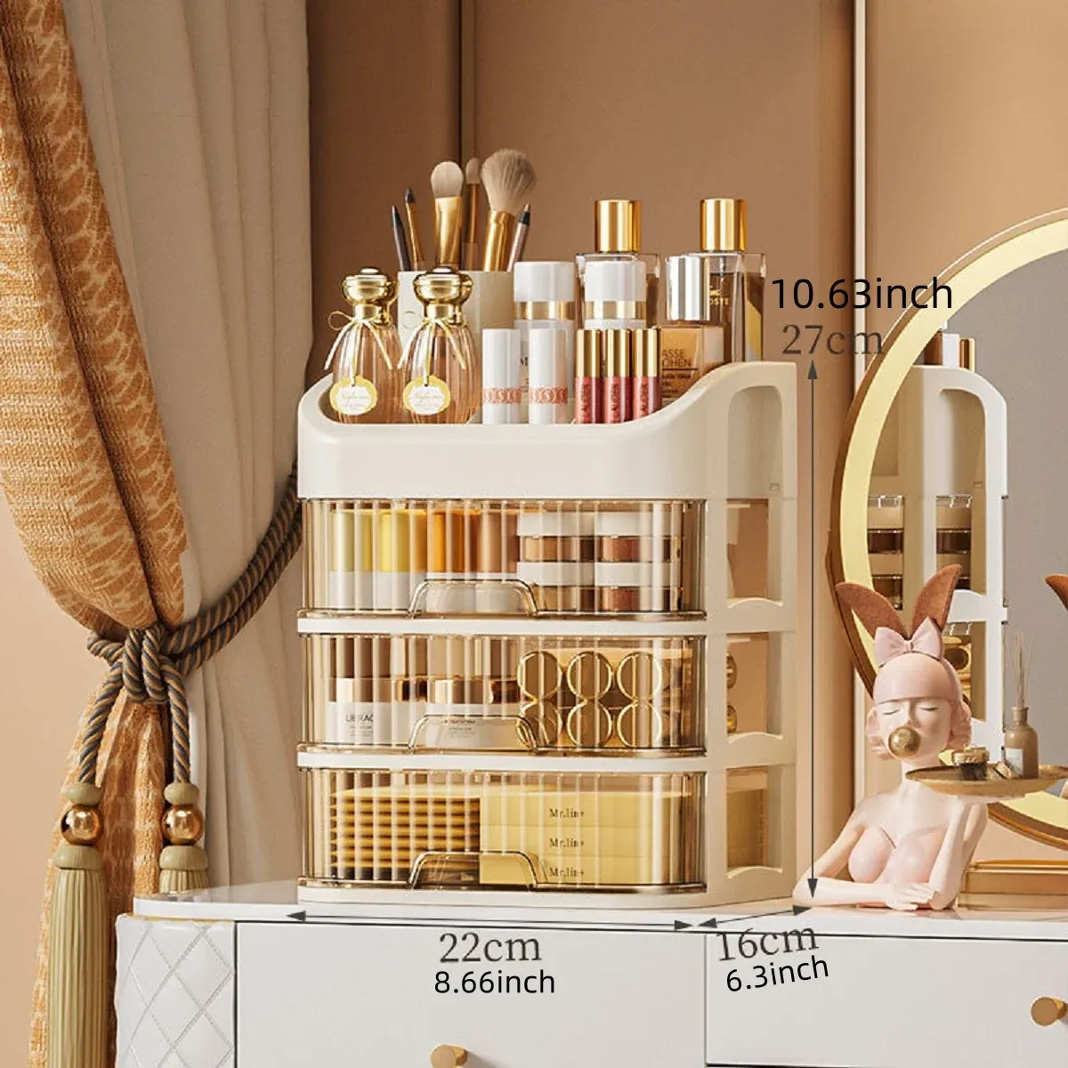 Vue détaillée du rangement de cosmétiques