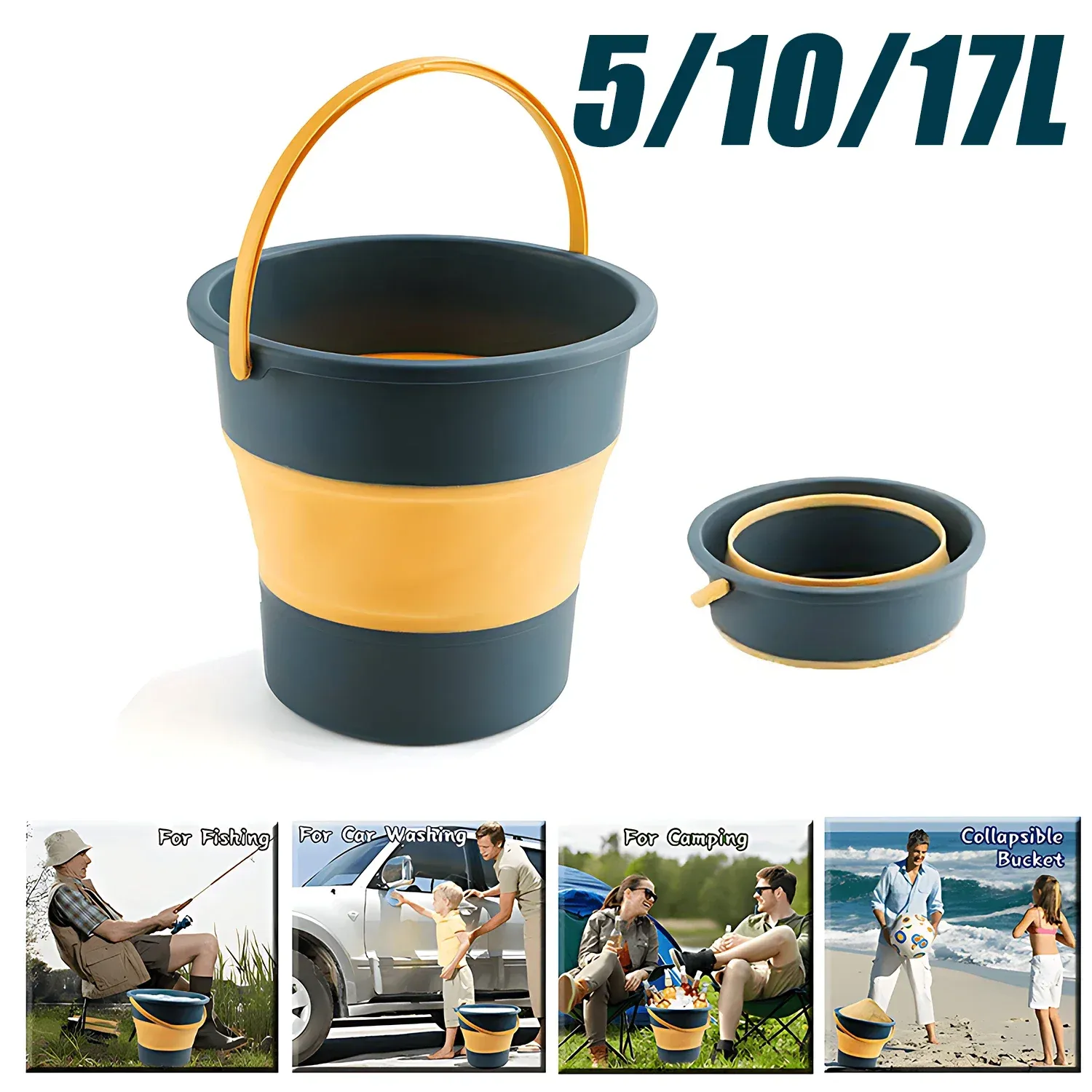 Seau pliable portable 5/10/17 L, seau multifonction en silicone épais pour le lavage de voiture et la pêche, seau pliant de camping