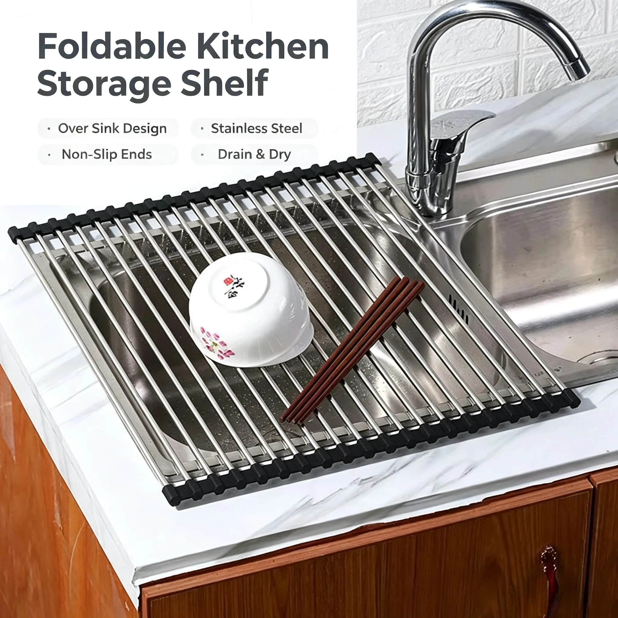 Égouttoir pliable et enroulable pour évier, résistant à la chaleur, organisateur de cuisine pour vaisselle, baguettes, fruits et légumes - Image 1
