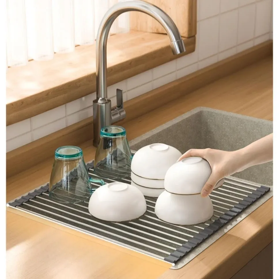 Égouttoir pliable et enroulable pour évier, résistant à la chaleur, organisateur de cuisine pour vaisselle, baguettes, fruits et légumes 5