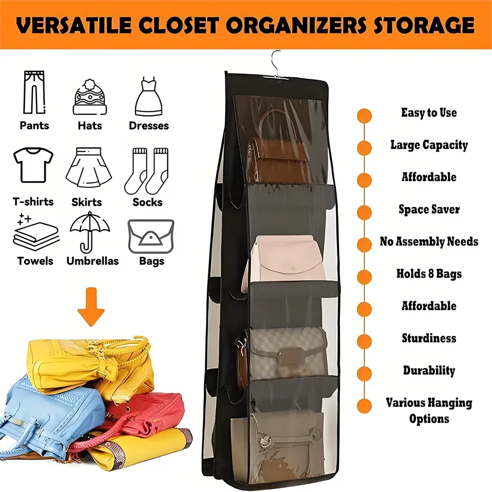 Organisateur de placard suspendu pour sacs à main, 6 à 8 grilles, cintre transparent pour vêtements et soutien-gorge, rangement mural, étagère à serviettes, 1 pièce 2