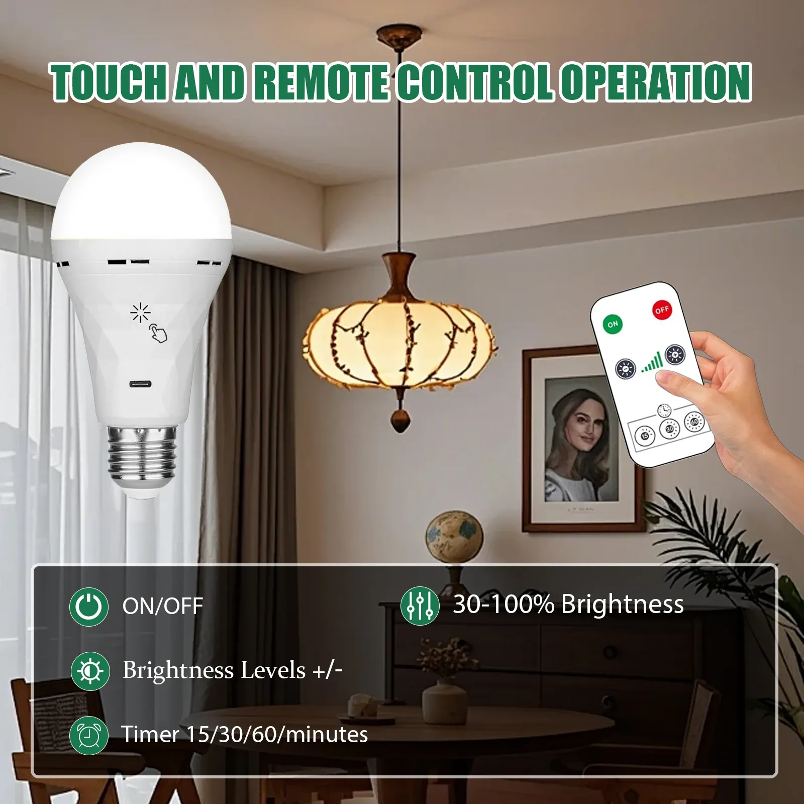 Ampoule LED rechargeable E27 à intensité variable, commande tactile et batterie intelligente avec synchronisation 4