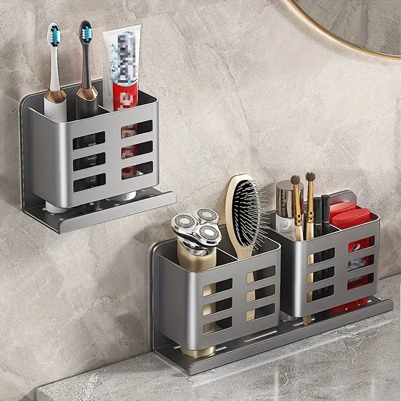 Organisateur mural de salle de bain en aluminium spatial anti-rouille, support multi-compartiments pour brosses à dents et rasoirs