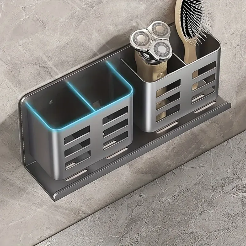 Organisateur mural de salle de bain en aluminium spatial anti-rouille, support multi-compartiments pour brosses à dents et rasoirs 3