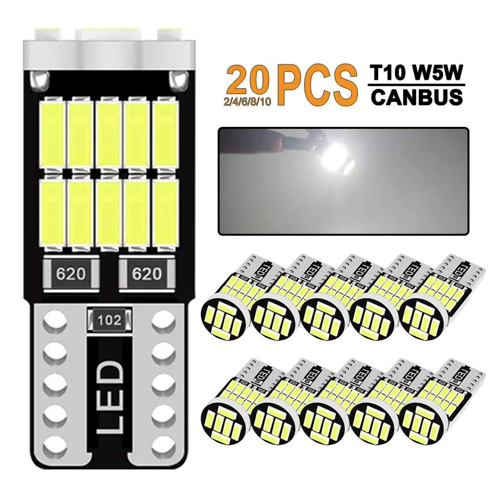 2/4/10/20 ampoules LED T10 W5W Canbus 12V 4014-26SMD 6500K blanc pour éclairage intérieur de voiture : dôme, lecture, porte, coffre et plaque d'immatriculation - Image 1