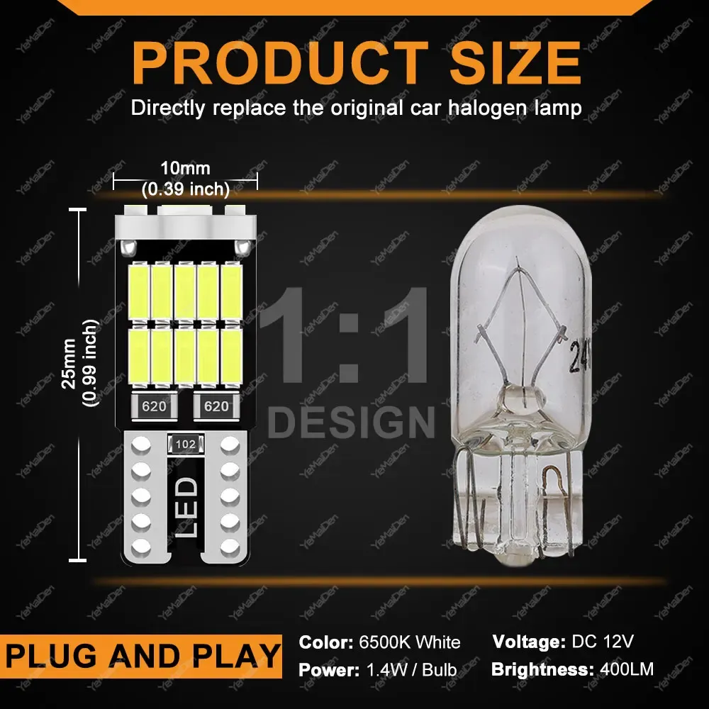 2/4/10/20 ampoules LED T10 W5W Canbus 12V 4014-26SMD 6500K blanc pour éclairage intérieur de voiture : dôme, lecture, porte, coffre et plaque d'immatriculation 2