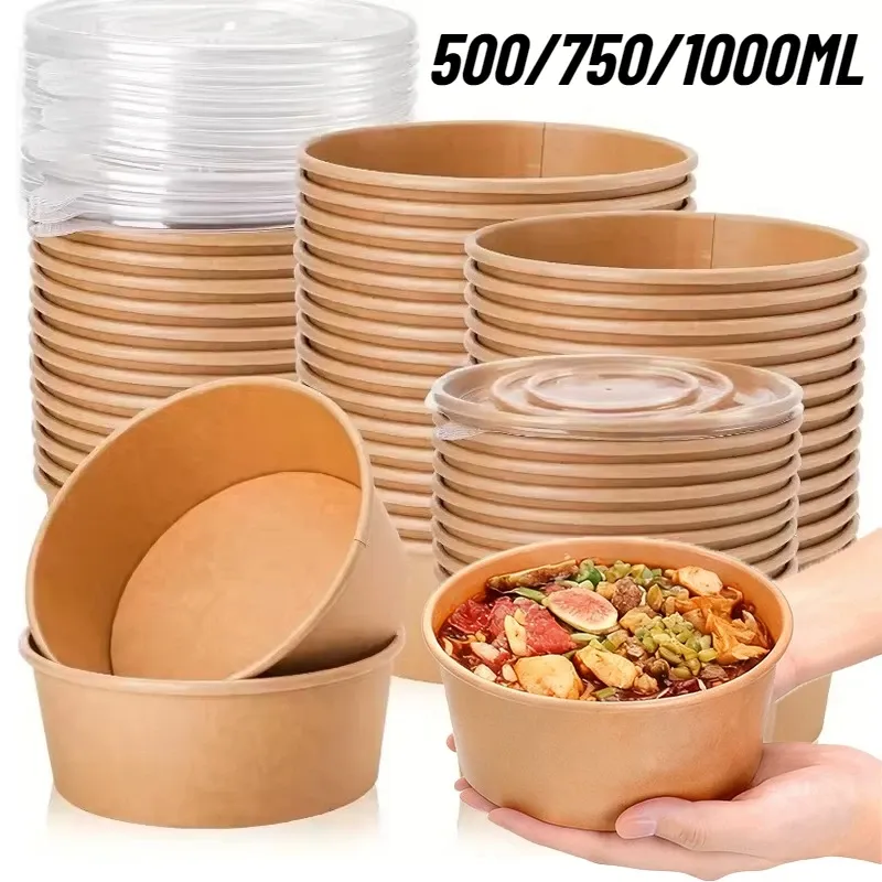10/20 pièces Bols ronds jetables en papier kraft avec couvercles, boîtes bento pour repas, emballage alimentaire circulaire pour la préparation des repas - Image 1