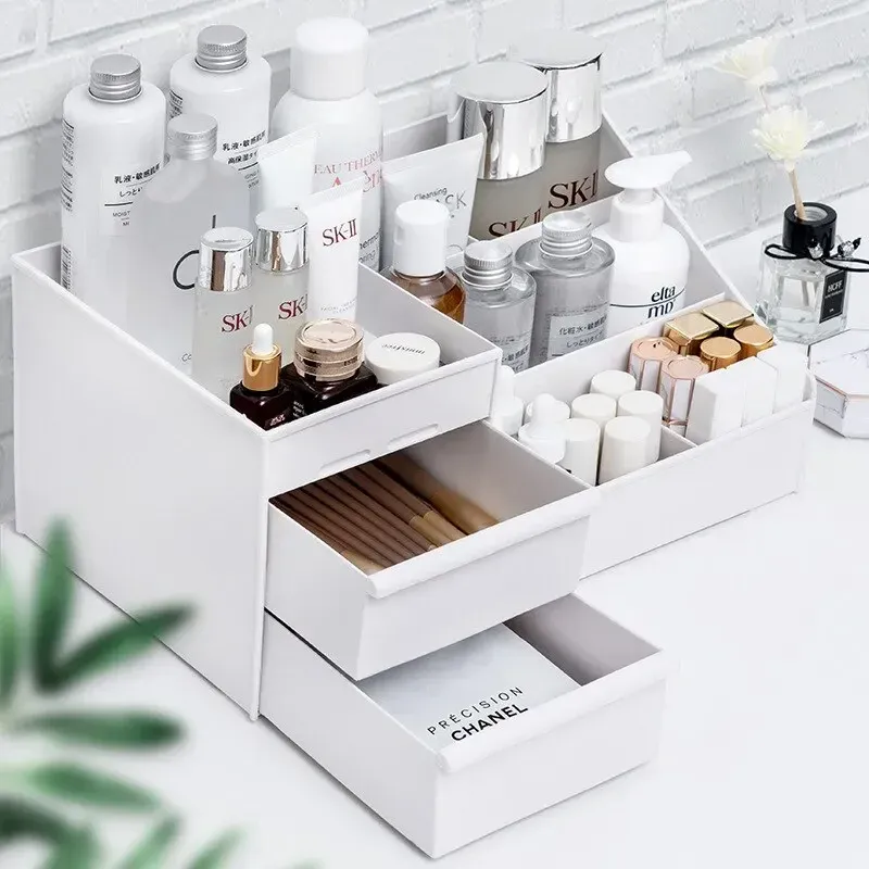 Boîte de rangement blanche en plastique pour maquillage et cosmétiques, organisateur pour coiffeuse, bureau et dortoir 2