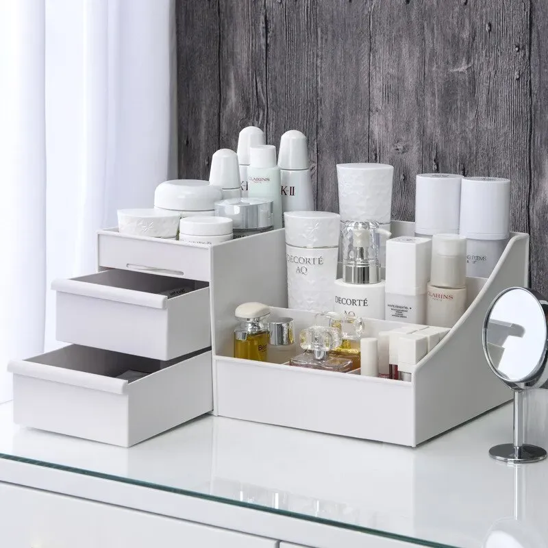 Boîte de rangement blanche en plastique pour maquillage et cosmétiques, organisateur pour coiffeuse, bureau et dortoir 3