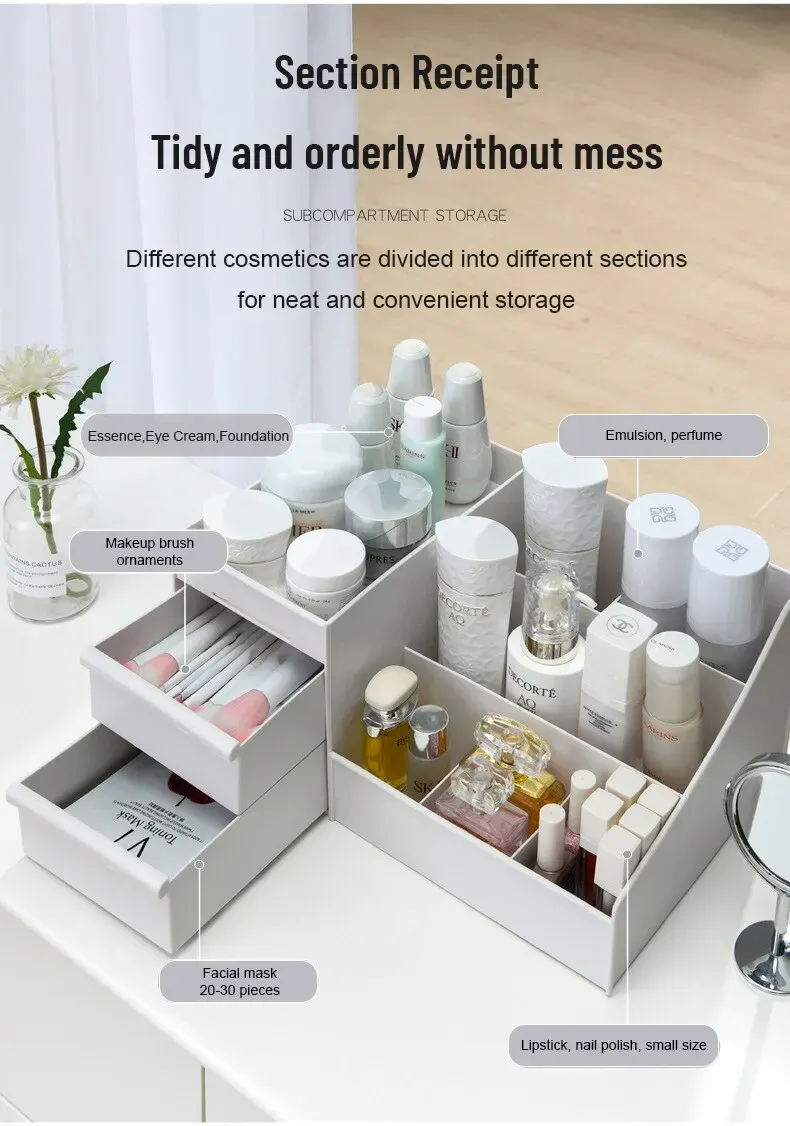 Boîte de rangement blanche pour cosmétiques, mise en situation