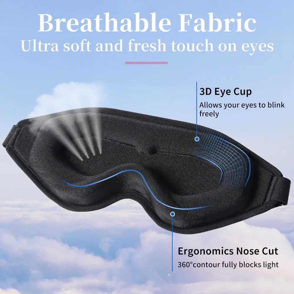 Masque de sommeil 3D respirant, masque occultant puissant, bandeau ajustable et portable, cache-yeux de voyage pour l'école, la maison et le bureau 6