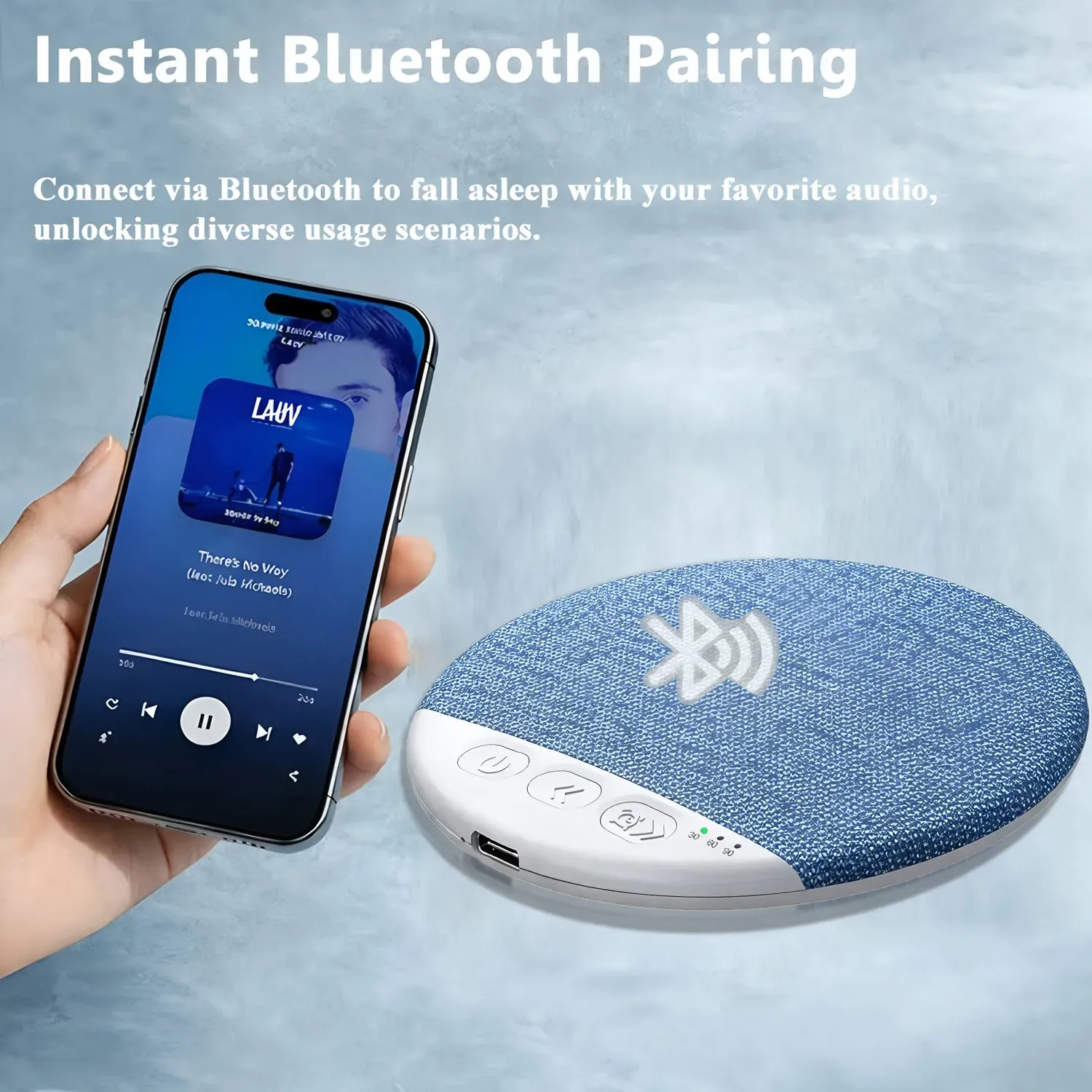 Haut-parleur Bluetooth sans fil bleu pour oreiller, aide au sommeil, minuterie 30/60/90 min, son stéréo 5