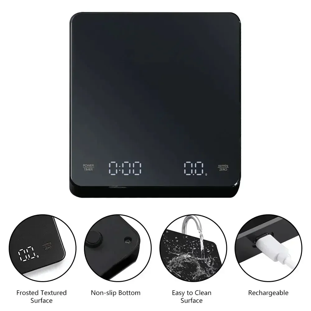 Balance de cuisine numérique à écran LED avec minuterie, alimentée par USB, pour machine à expresso, capacité 3 kg, précision 0,1 g, unités g/ml/oz - Image 1