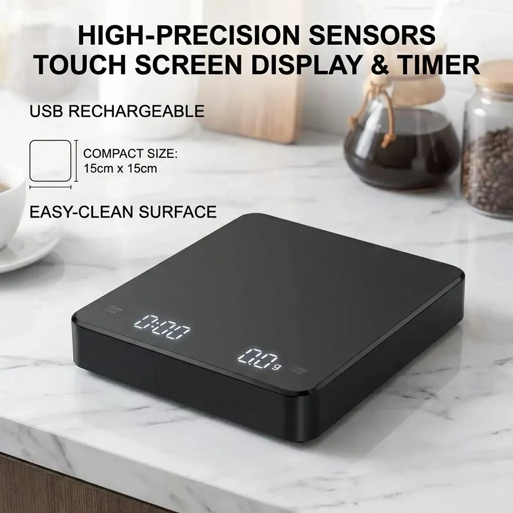 Balance de cuisine numérique à écran LED avec minuterie, alimentée par USB, pour machine à expresso, capacité 3 kg, précision 0,1 g, unités g/ml/oz 4