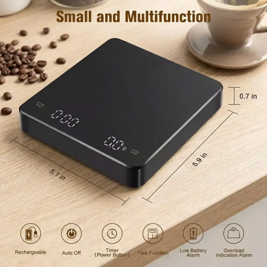 Balance de cuisine numérique à écran LED avec minuterie, alimentée par USB, pour machine à expresso, capacité 3 kg, précision 0,1 g, unités g/ml/oz 6