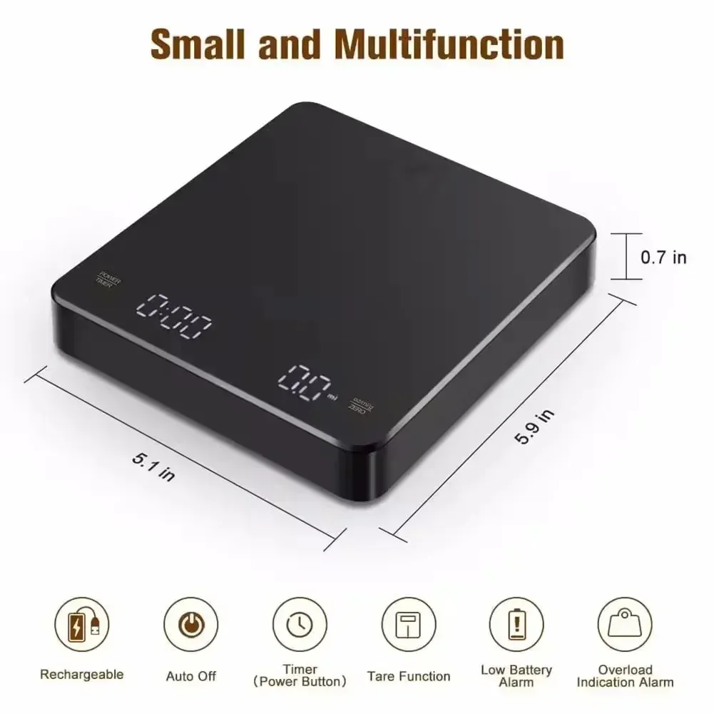 Balance de cuisine numérique à écran LED avec minuterie, alimentée par USB, pour machine à expresso, capacité 3 kg, précision 0,1 g, unités g/ml/oz 7