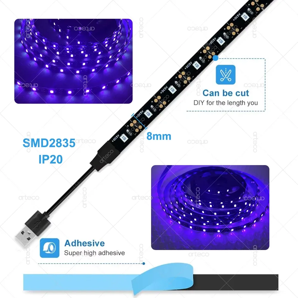 Bande lumineuse LED UV USB 385-400 nm pour Halloween et fêtes 2
