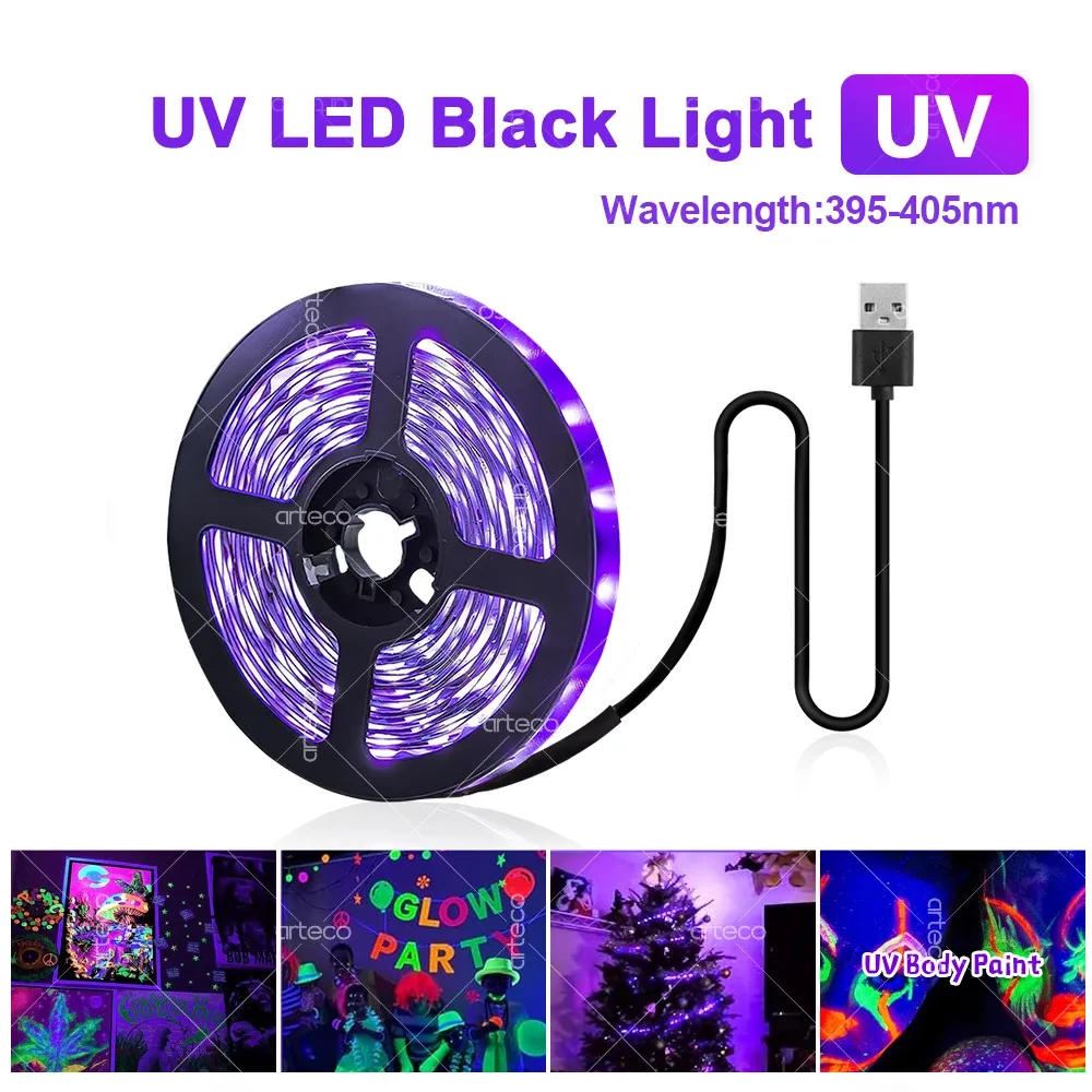 Bande lumineuse LED UV USB 385-400 nm pour Halloween et fêtes