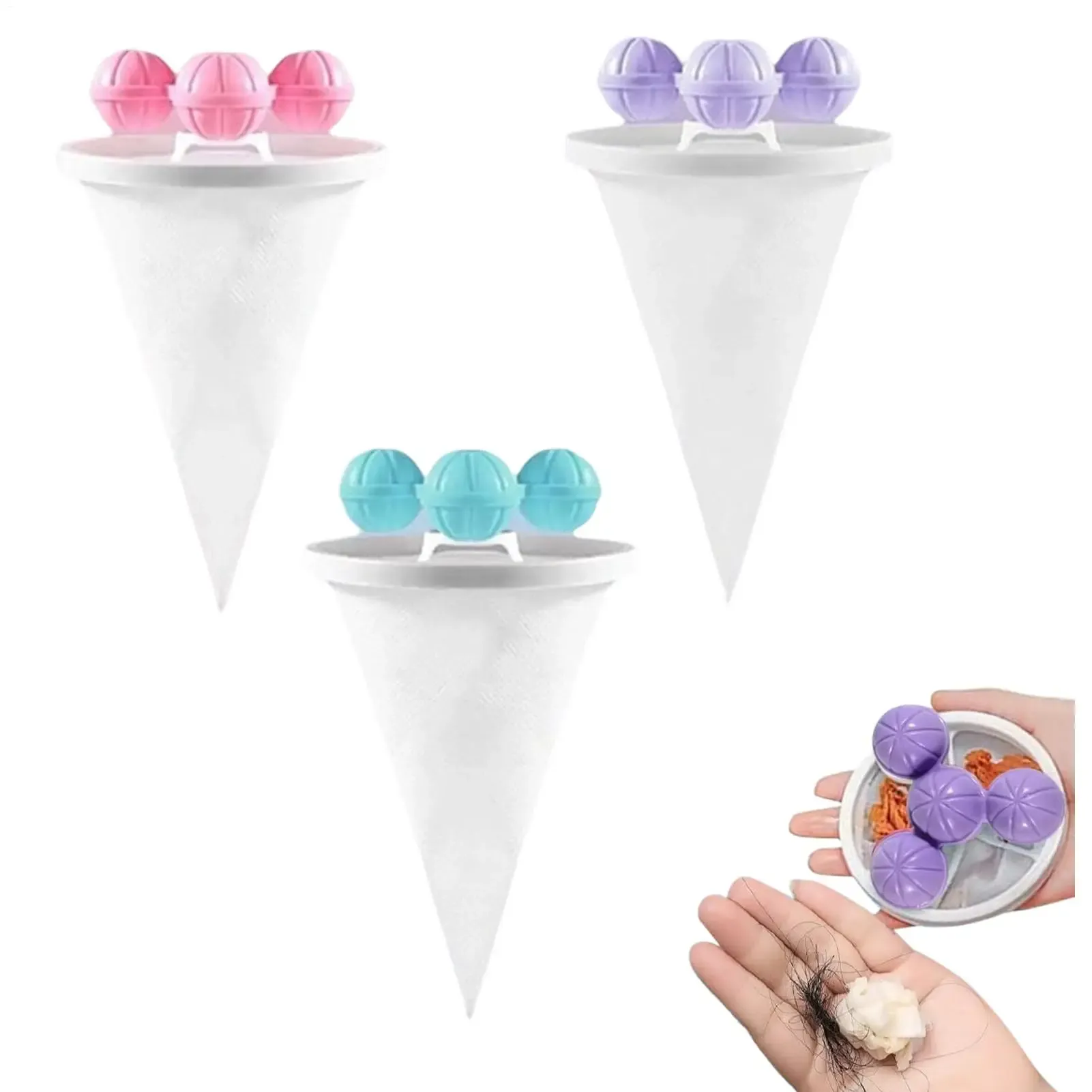 Lot de 3 filtres à linge flottants réutilisables pour machine à laver, sachets en filet anti-peluches et anti-poils d'animaux, outil de nettoyage du linge 5