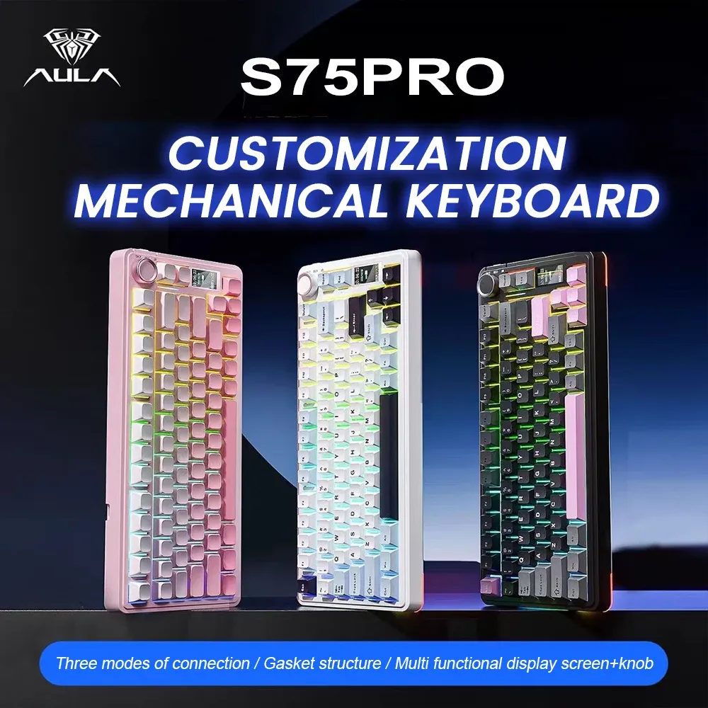 AULA S75 Pro Clavier mécanique de jeu 75 % sans fil, à commutateurs remplaçables à chaud, rétroéclairage RVB, batterie 4000 mAh, touches PBT, écran LED